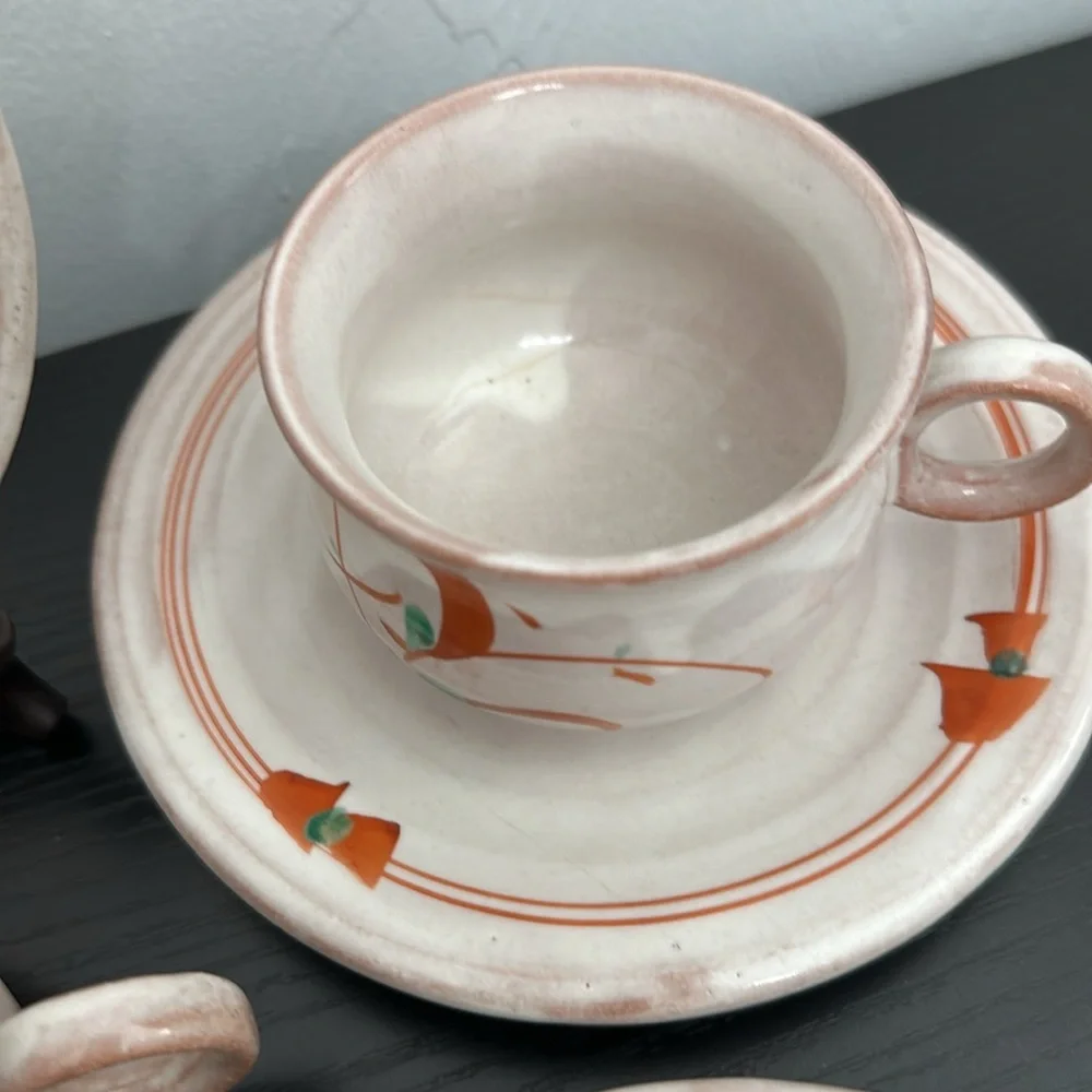 Rare Tachikichi Japanese Pottery Cup & Saucer Set of 5 Vintage In Box
